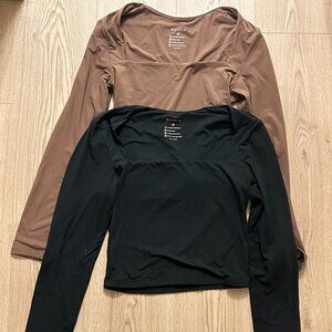Reoria, Square Neck Long Sleeve Top, Black and Brown, Size M